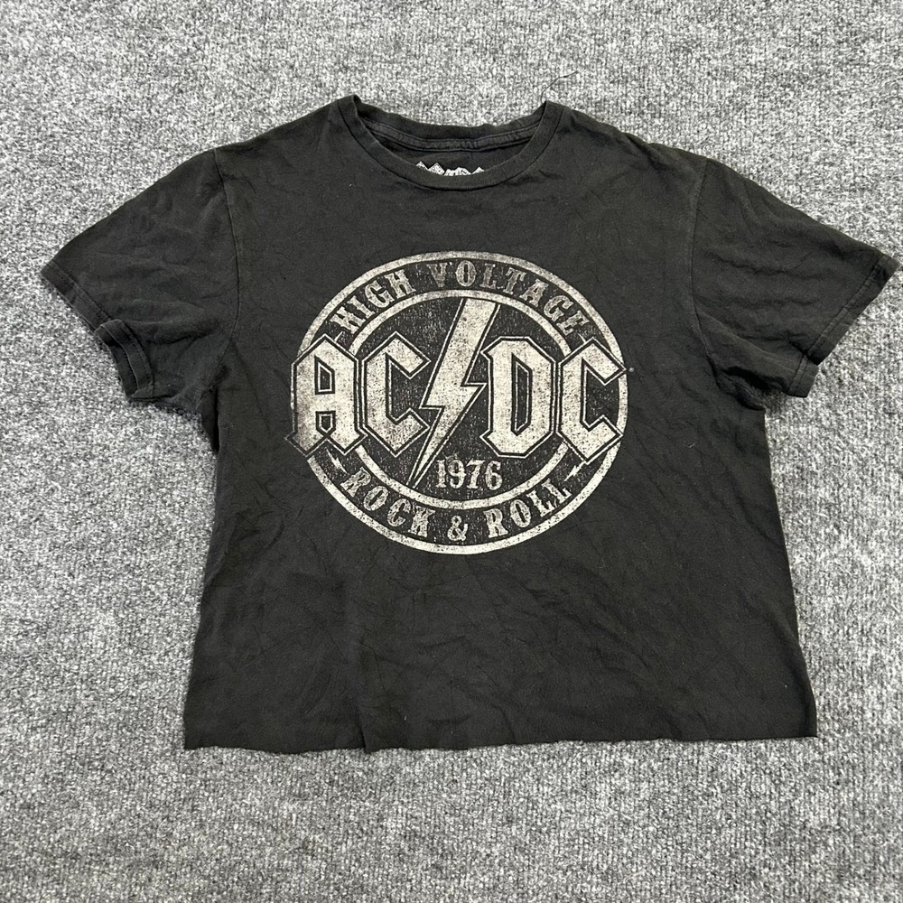AC/DC T-Shirt Womens Size S Black Cropped Graphic Band Tee High Voltage Rock